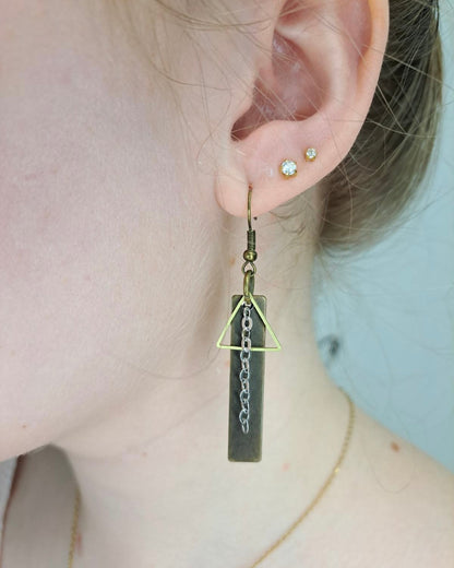 Brass Bar + Gold Triangle Mixed Metal Earrings