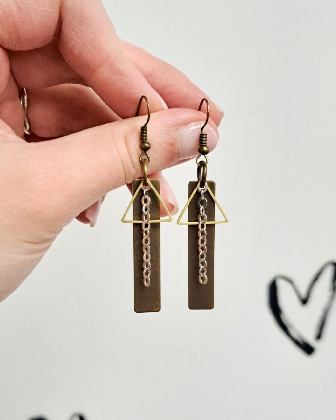 Brass Bar + Gold Triangle Mixed Metal Earrings