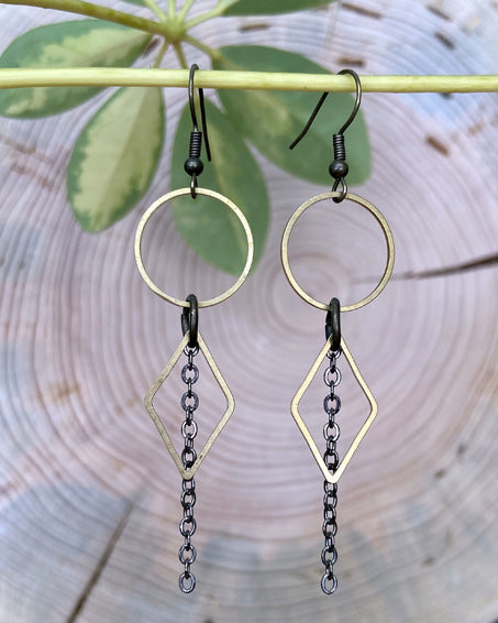 circle + diamond raw brass earrings