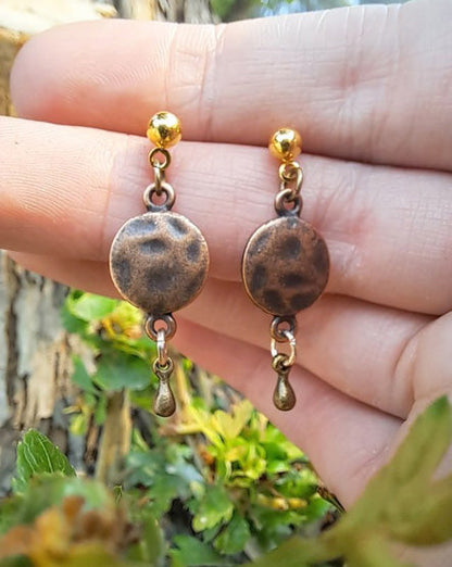 Copper Coin + Brass Drop Mixed Metal Stud Earrings