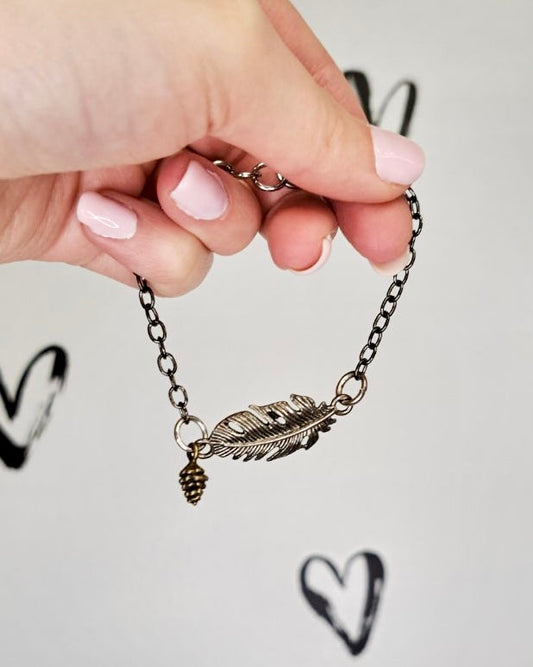 Feather + Pine Cone Mixed Metal Bracelet