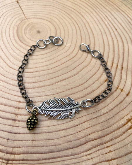 fern + pine cone mixed metal bracelet