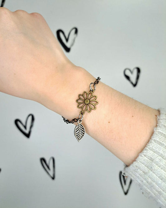 Flower + Leaf Mixed Metal Bracelet