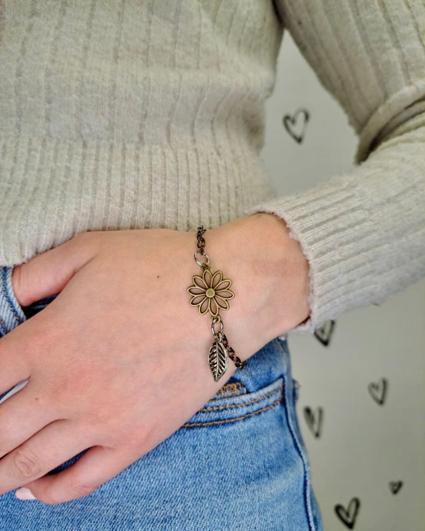 Flower + Leaf Mixed Metal Bracelet