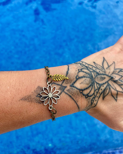 Flower + Tiny Leaf Mixed Metal Bracelet