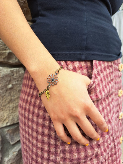 Flower + Tiny Leaf Mixed Metal Bracelet