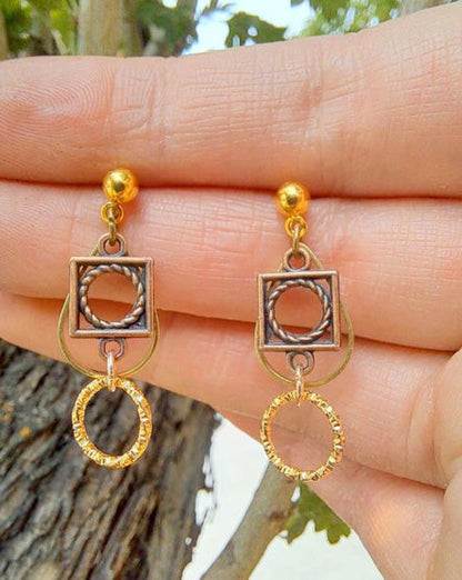 Gold Circle + Copper Square Mixed Metal Gold Stud Earrings