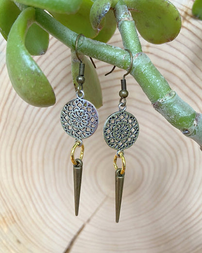 mandala + brass spike mixed metal earrings