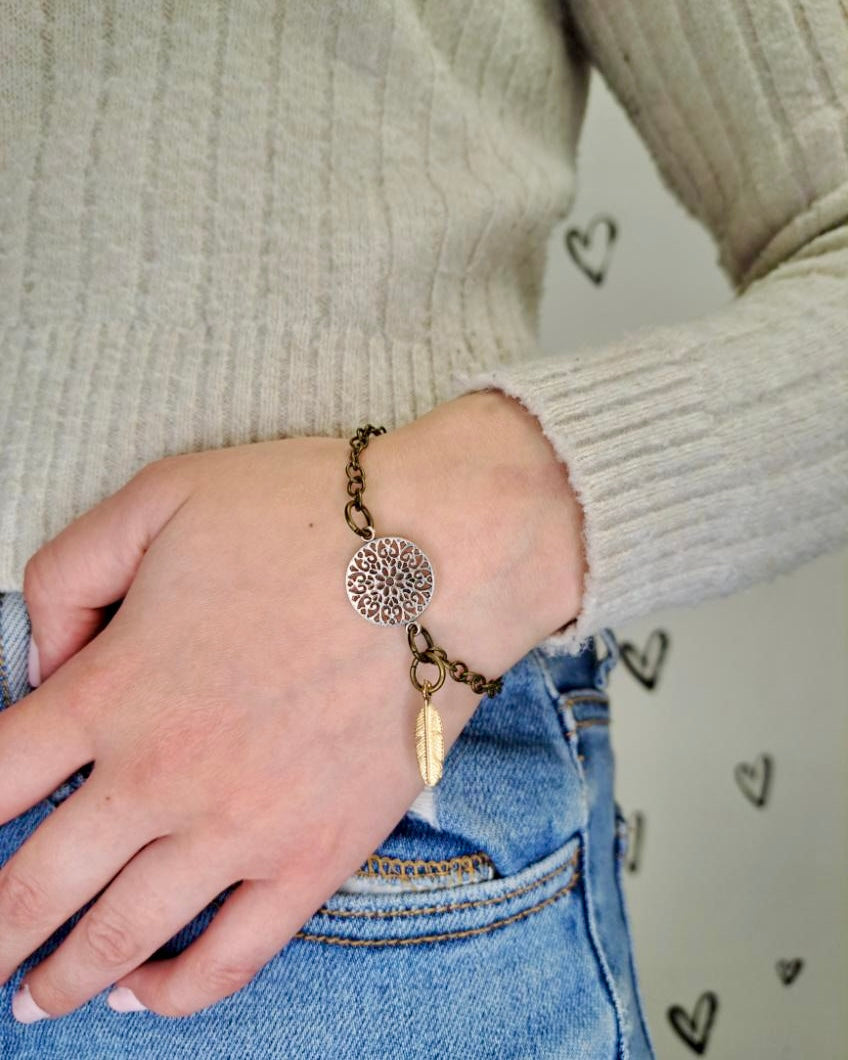 Mandala + Feather Mixed Metal Bracelet