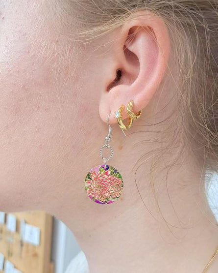 Pink Chrysanthemum Flower Enamel Earrings