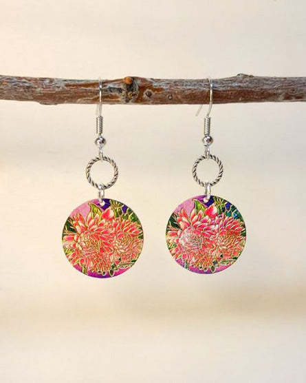 Pink Chrysanthemum Flower Enamel Earrings