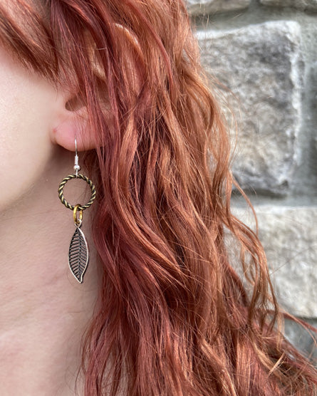 silver filigree leaf mixed metal earrings