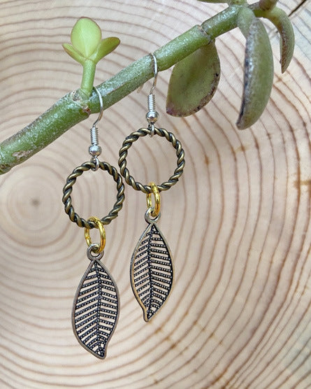 silver filigree leaf mixed metal earrings