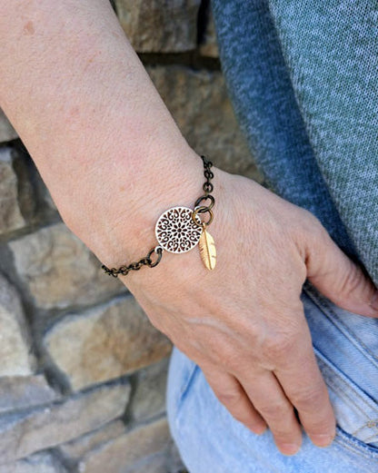 Mandala + Feather Mixed Metal Bracelet