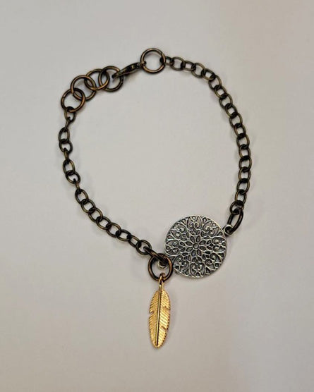 Mandala + Feather Mixed Metal Bracelet