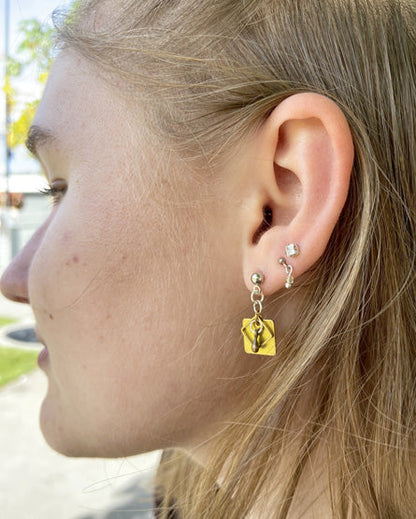 Square Raw Brass + Drop Mixed Metal Silver Stud Earrings