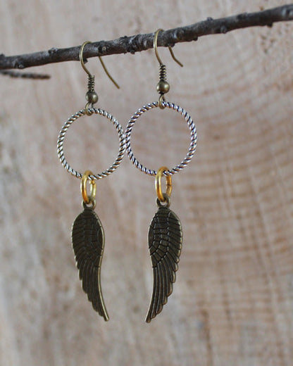 brass wing mixed metal earrings