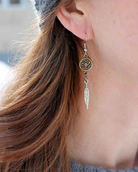 coin + silver feather mixed metal earrings