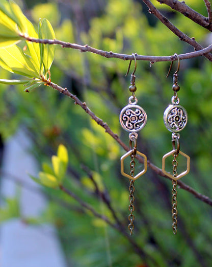 honeycomb hexagon mixed metal earrings