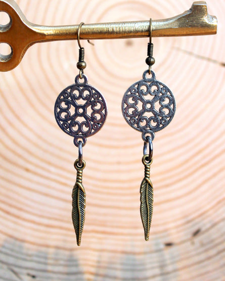 mandala + brass feather mixed metal earrings