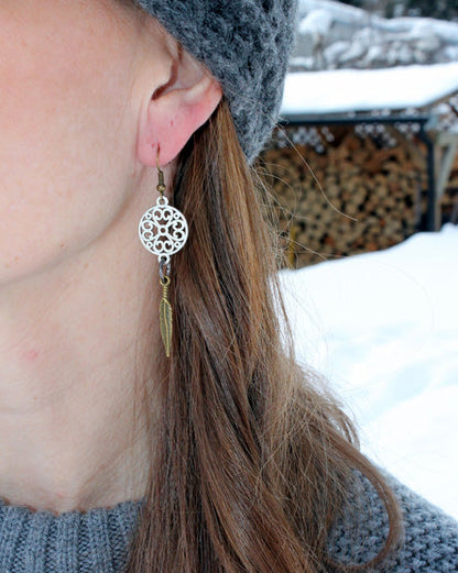 mandala + brass feather mixed metal earrings