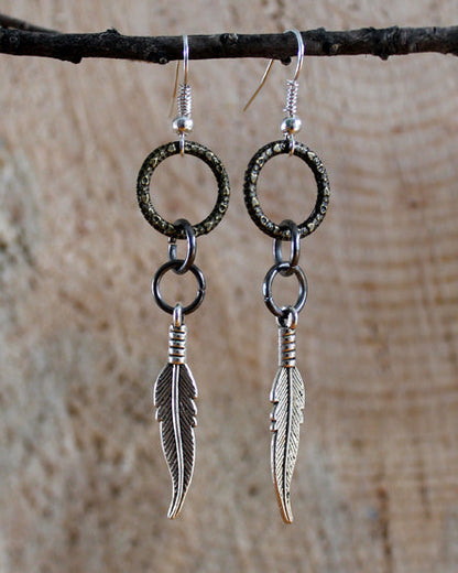 silver tribal feather mixed metal earrings