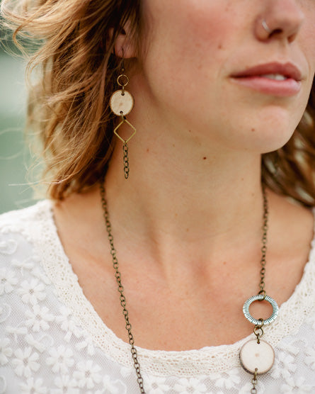 wood raw brass diamond + chain earrings